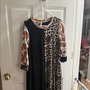 Mixed Print Long Sleeve Dress in Black and Brown Leopard